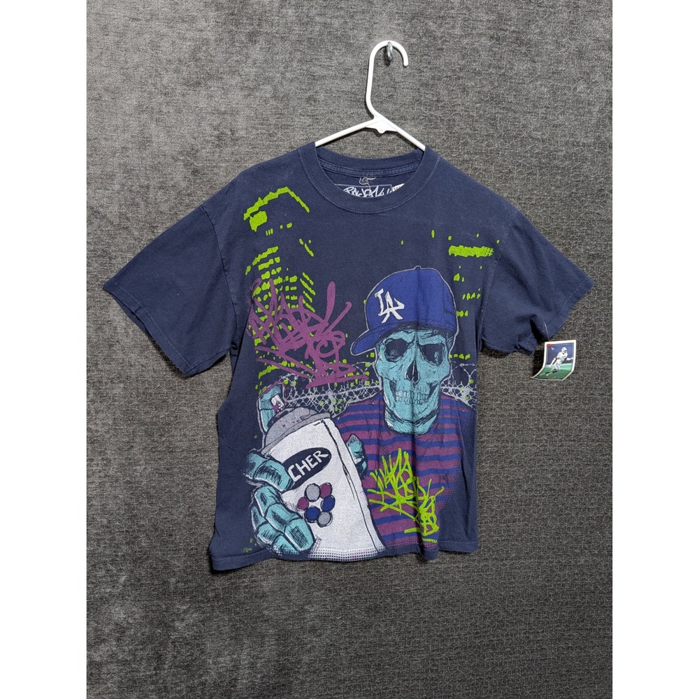 Streetwear Graffiti Skull LA Dodgers Graphic T-Shirt Navy Blue Small 1595
